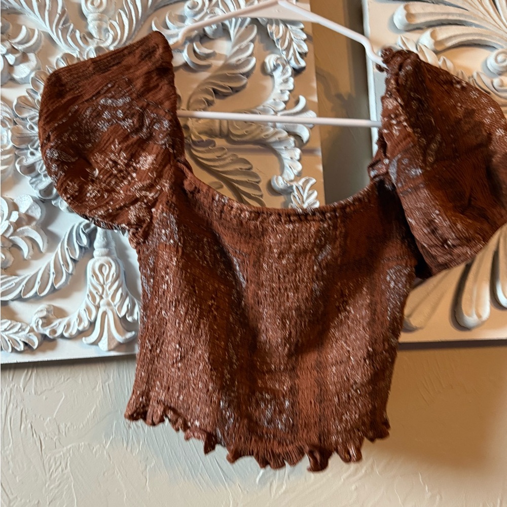Altar’d State Brown Ruffled Smocked Crop Blouse XS